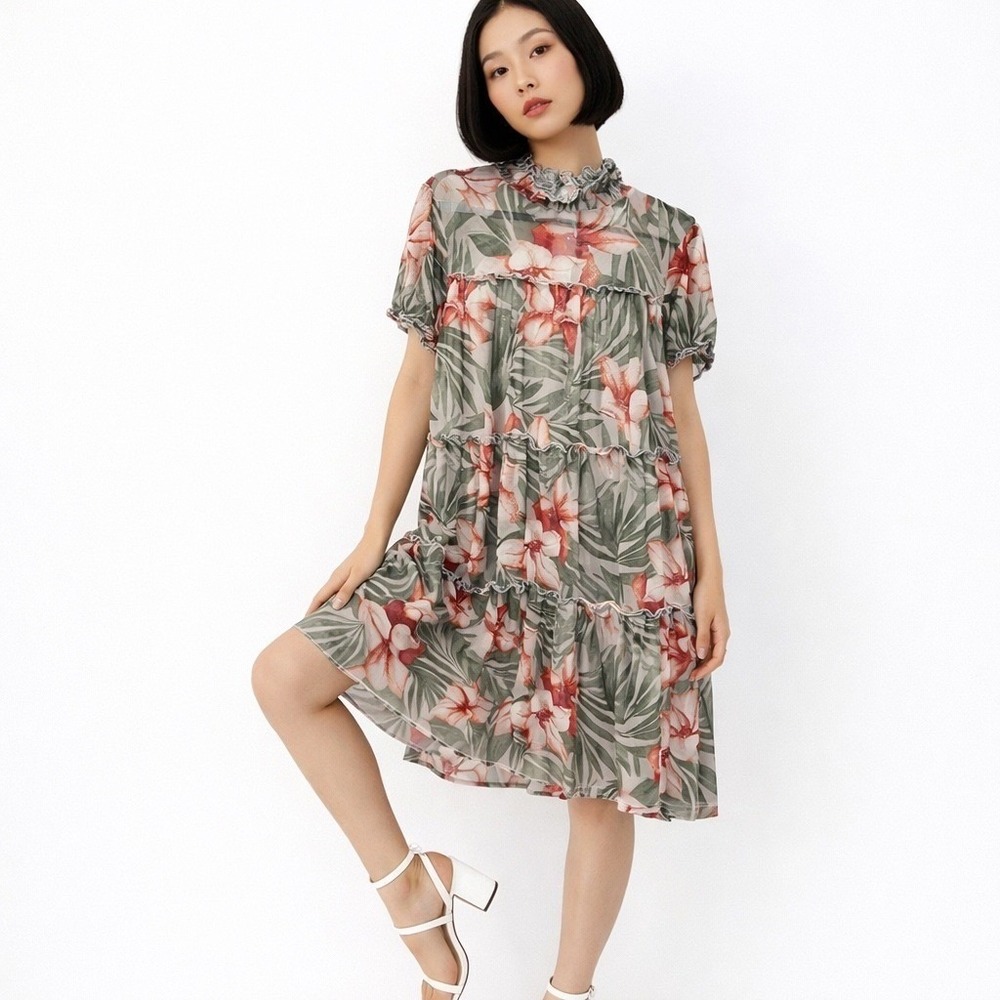 Kate & Lily Coquette‎ Floral Midi Dress Ruffled High Neck Women 6 Fairy Romantic